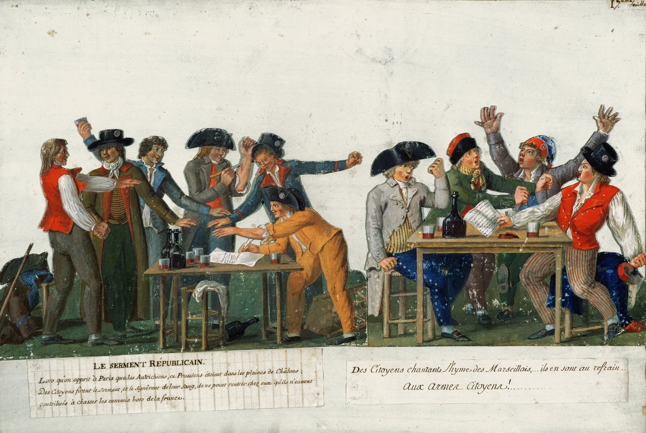O juramento republicano sendo assinado em sangue e cantando "A Marselhesa", c.1792 de Lesueur Brothers