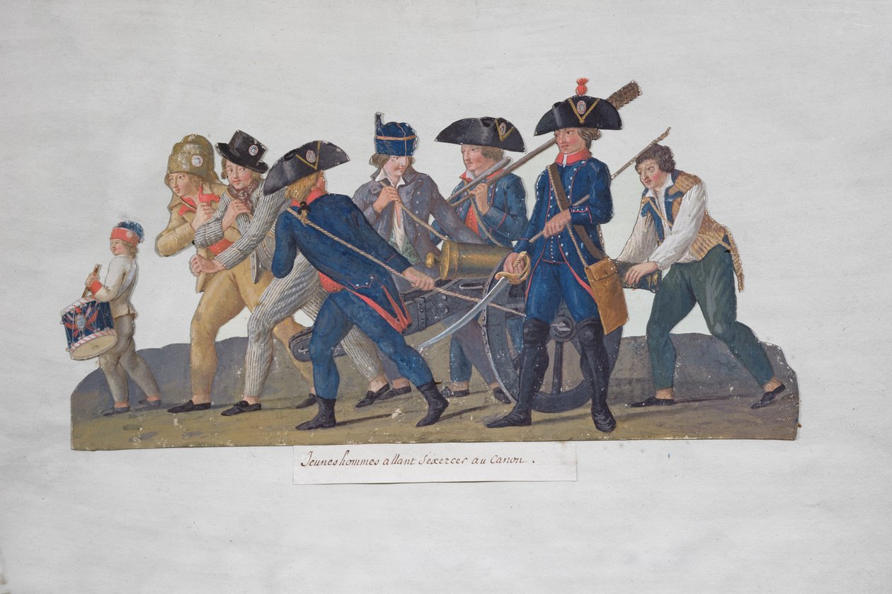 Os jovens saem para praticar usando o canhão, c.1789 de Lesueur Brothers