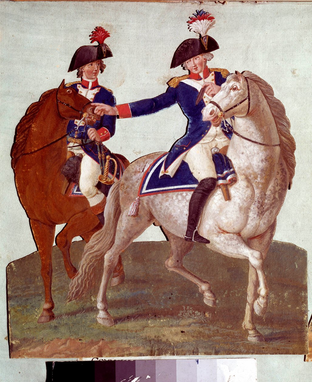 Comandante do exército parisiense dando ordens ao seu aide-de-camp: representação de soldados durante a Revolução de 1789. Gouache dos irmãos Lesueur. Século XVIII. Musee Carnavalet, Paris. de Lesueur Brothers