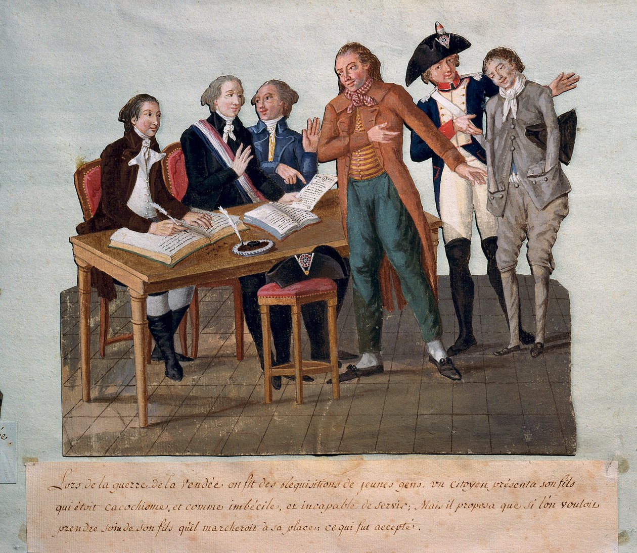 Jovens exigentes para a Guerra dos Vendee (um pai mostra seu filho incapaz de servir e toma seu lugar). Gravura dos irmãos Lesueur (século XVIII). Paris, Musee Carnavalet de Lesueur Brothers