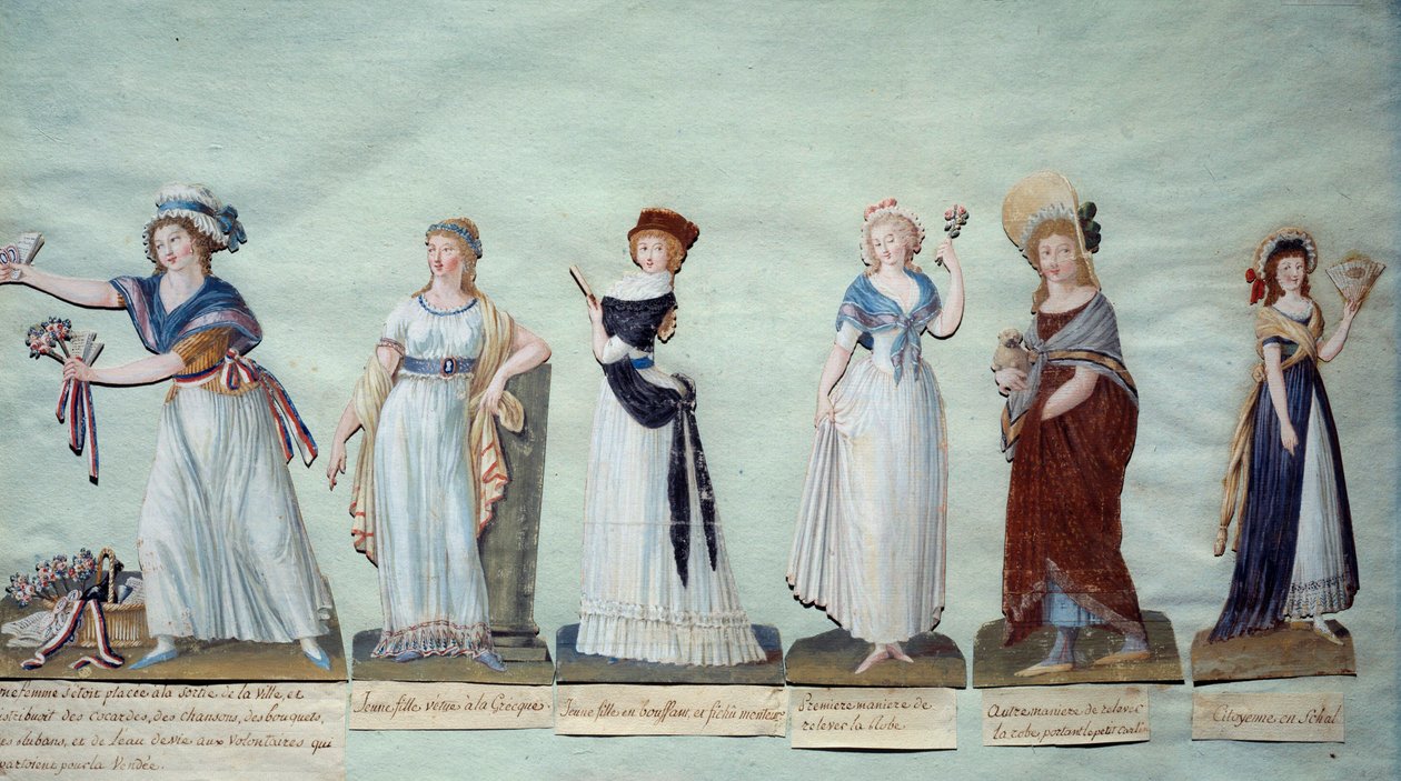Diferentes mulheres jovens representando a moda feminina durante a Revolução. Gouache des freres Lesueur (século XVIII) Paris, Musee Carnavalet de Lesueur Brothers