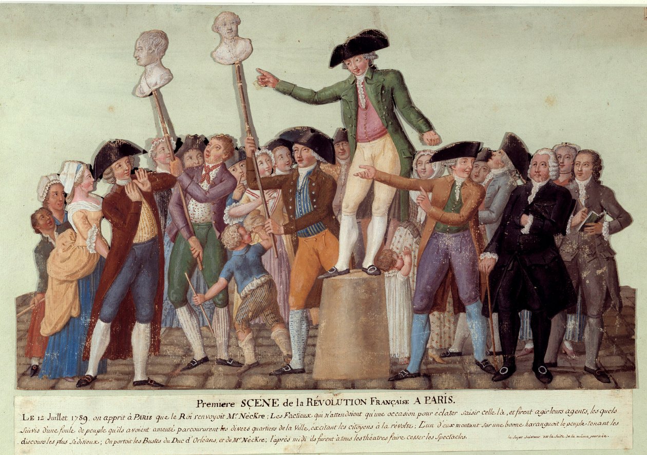 Primeira cena da revolução francesa em Paris: a 12/07/1789, após a demissão de Jacques Necker pelo rei, Camille Desmoulins provocou a multidão no Palais Royal e apelou a uma revolta contra o governo. Os bustos de Jacques Necker e Louis Phil de Lesueur Brothers