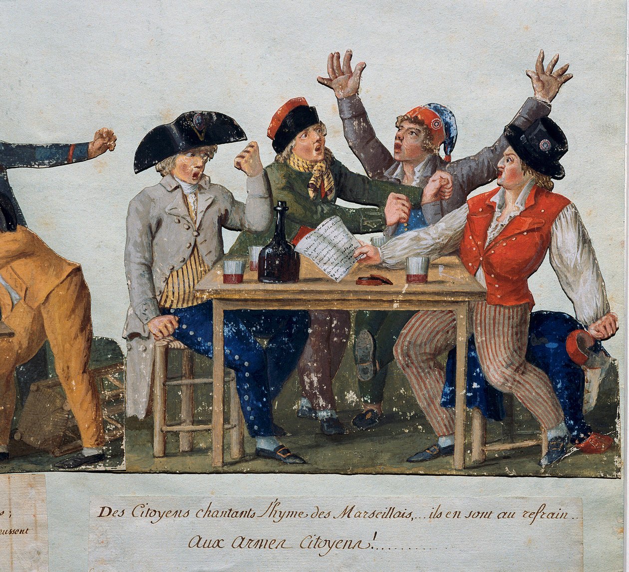 Revolução Francesa: "Cidadãos a cantar o hino de Marselha: com armas Cidadãos..." Os sem cuecas na mesa da estalagem cantam Marselhesa. Gravura dos irmãos Lesueur (século XVIII). Musee Carnavalet, Paris de Lesueur Brothers