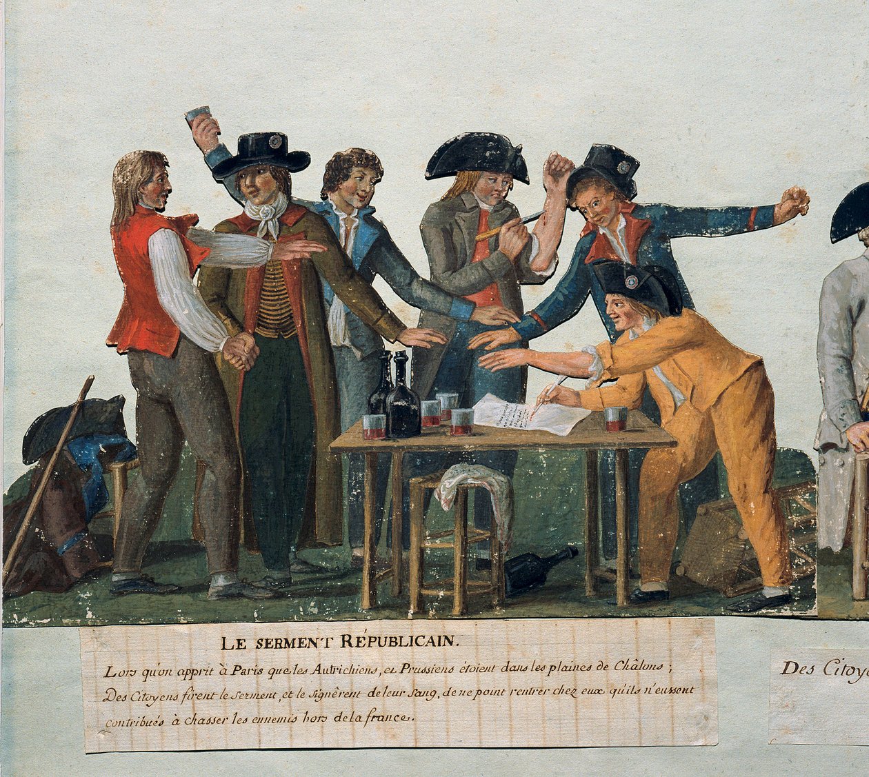 Revolução Francesa: "O juramento republicano: os cidadãos fazem o juramento do seu sangue de não regressarem a casa até expulsarem os austríacos e os prussianos de França." Gouache des freres Lesueur (século XVIII). Século XVIII. Paris. Museu Carnavalet de Lesueur Brothers