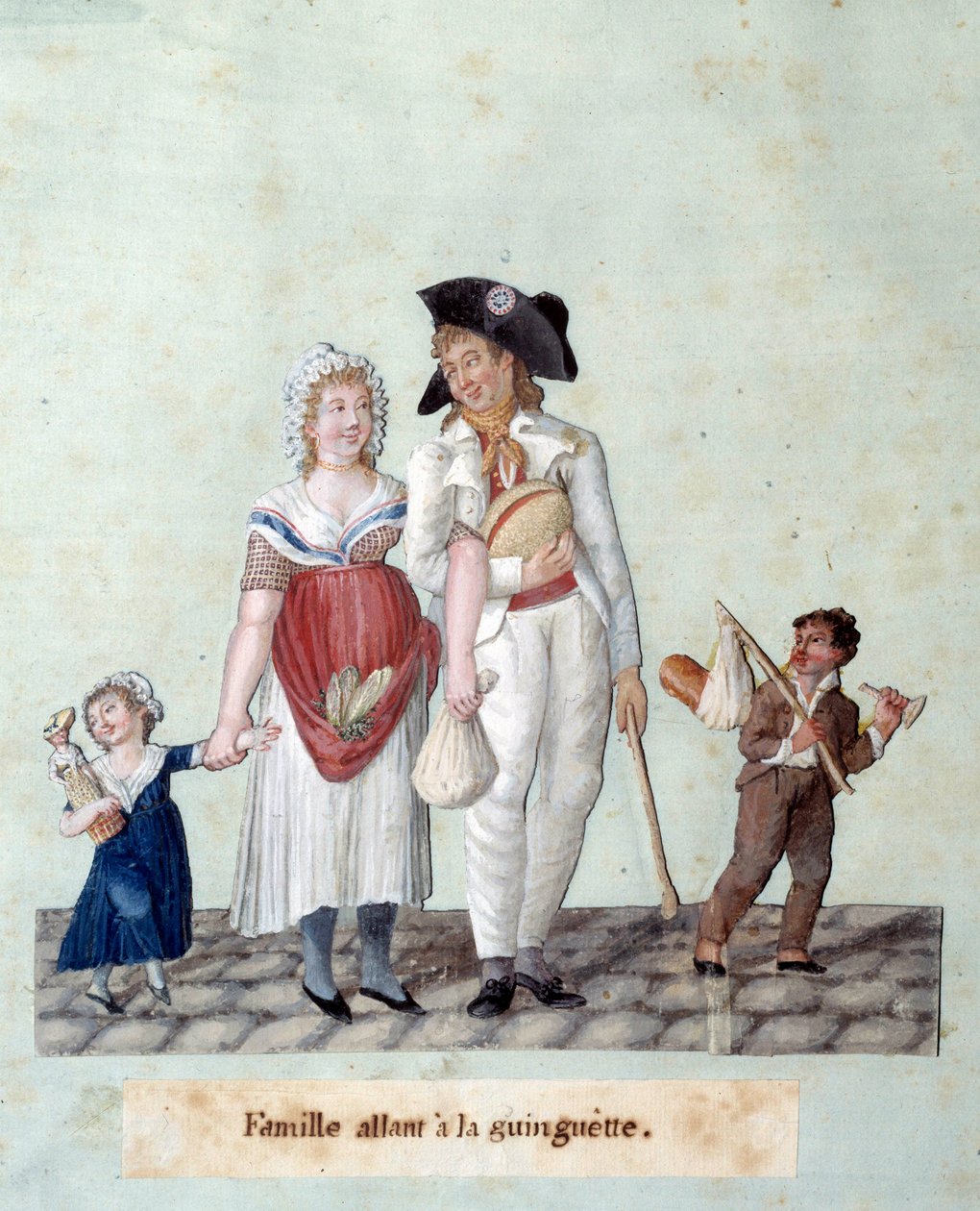 Revolução Francesa: uma família indo para a guinguette. Gouache des Freres Lesueur (século XVIII) de Lesueur Brothers
