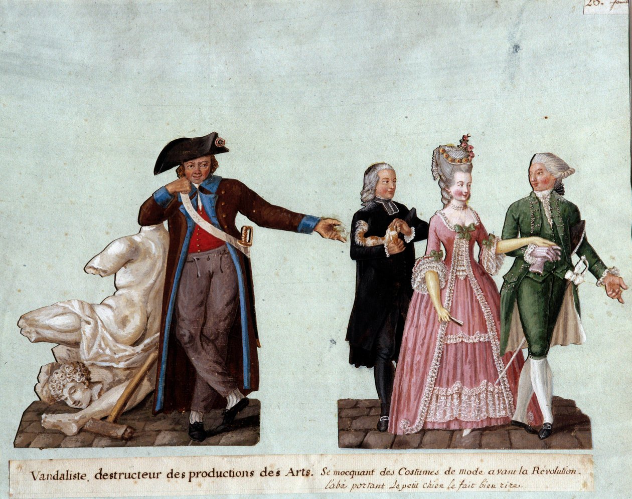 Revolução Francesa: "um vandalista, destruidor de obras de arte à esquerda, zombando dos trajes de dois nobres e de uma abadia carregando um cão pequeno. Gouache des freres Lesueur (século XVIII), Musee Carnavalet, Paris de Lesueur Brothers