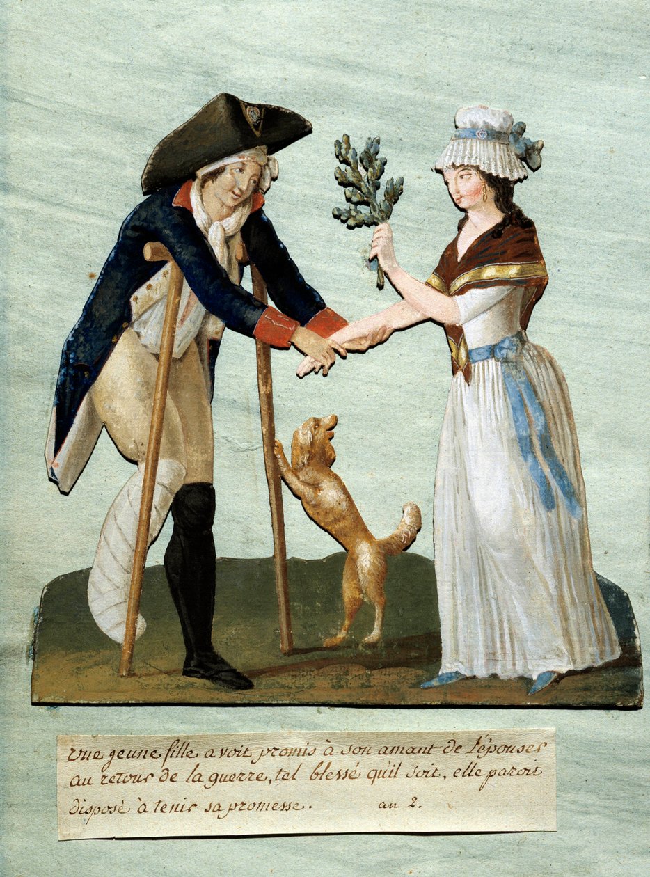Revolução Francesa: "uma jovem encontra as feridas prometidas após a guerra e mantém a promessa de casar com ela" Gouache des brothers Lesueur (século XVIII). Paris Musee Carnavalet de Lesueur Brothers