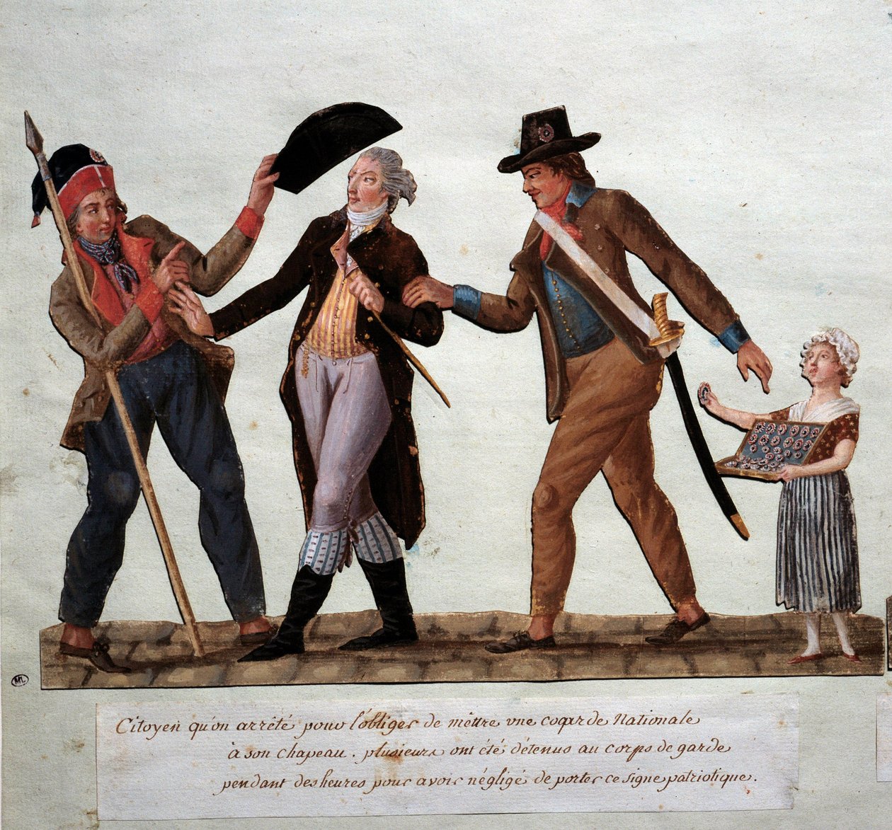 Revolução Francesa: "citizen arrete to force him to put a national cockard on his hat" Gouache des freres Lesueur (século XVIII) Musee Carnavalet, Paris de Lesueur Brothers