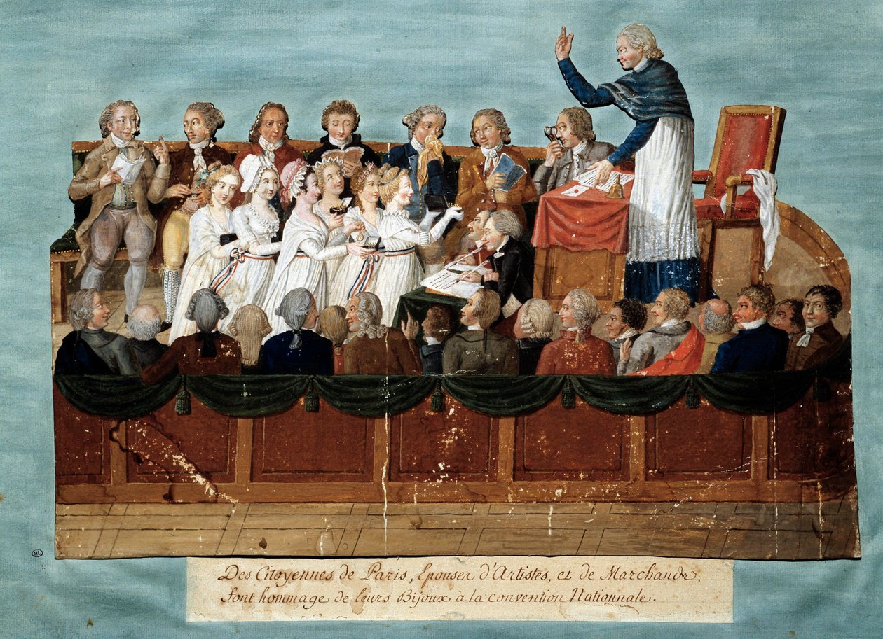 Revolução Francesa: "cidadãos de Paris oferecendo as suas jóias à Convenção Nacional" Ilustração de Freres Lesueur (século XVIII). 1792-1795. Paris, musee Carnavalet - Revolução Inglesa - Os cidadãos de Paris doando suas jóias para os Nati de Lesueur Brothers
