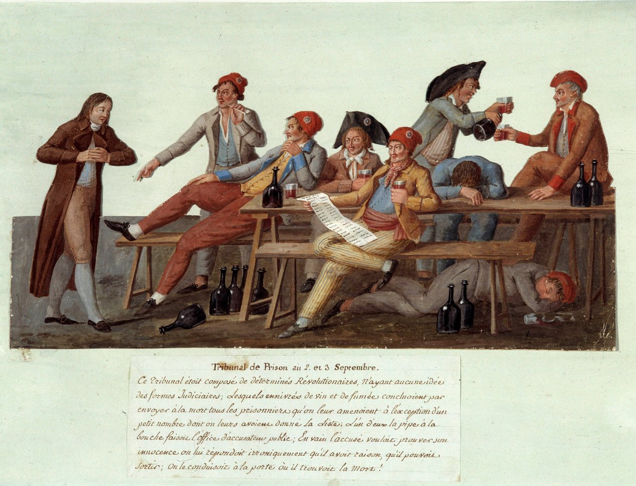 Revolução Francesa de 1789: "Um tribunal prisional a 2 e 3 de Setembro" Representação satírica de um tribunal revolucionário, os membros não têm jurisdição em questões de justiça e julgam casos por beber vinho e fumar. Gouache des freres Lesueur de Lesueur Brothers
