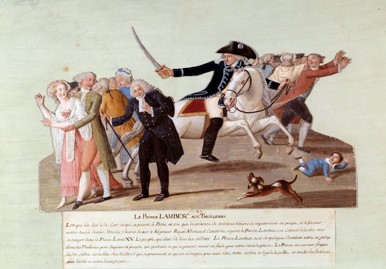 Revolução Francesa de 1789: Príncipe de Lambesc nas Tuileries, a 12 de Julho, tentando suprimir as primeiras manifestações dos revolucionários. Gouache des freres Lesueur (século XVIII) de Lesueur Brothers