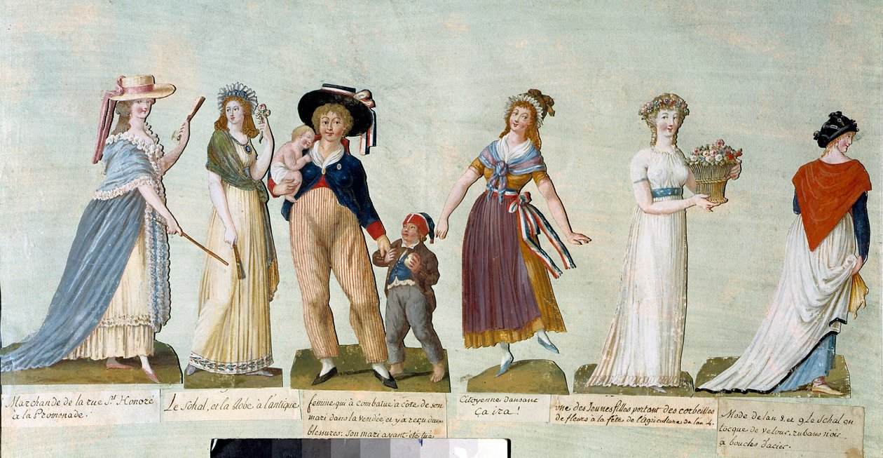 Revolução Francesa de 1789: A Moda Feminina na Era Revolucionária (Mulher Revolucionária). Gouache des freres Lesueur (século XVIII). Paris, Musee Carnavalet. de Lesueur Brothers