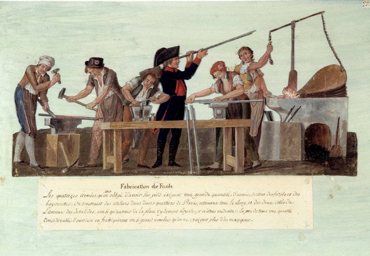 Revolução Francesa de 1789: "fabrico de espingardas" As diferentes fases do fabrico de armas pelos ferreiros. Gouache des freres Lesueur de Lesueur Brothers