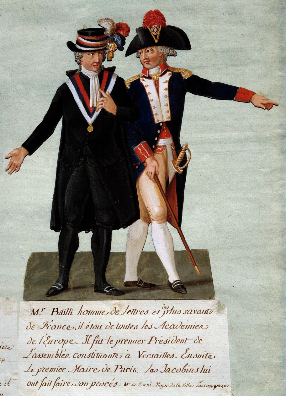 Revolução Francesa: representação de Jean Sylvain Bailly (1736-1793), presidente da Assembleia Constituinte de Versalhes e então prefeito da cidade de Paris, ele ordenou atirar nos cavaleiros com o objetivo de derrubar o rei em 17/07/1791 nos Champs-de-Mar de Lesueur Brothers