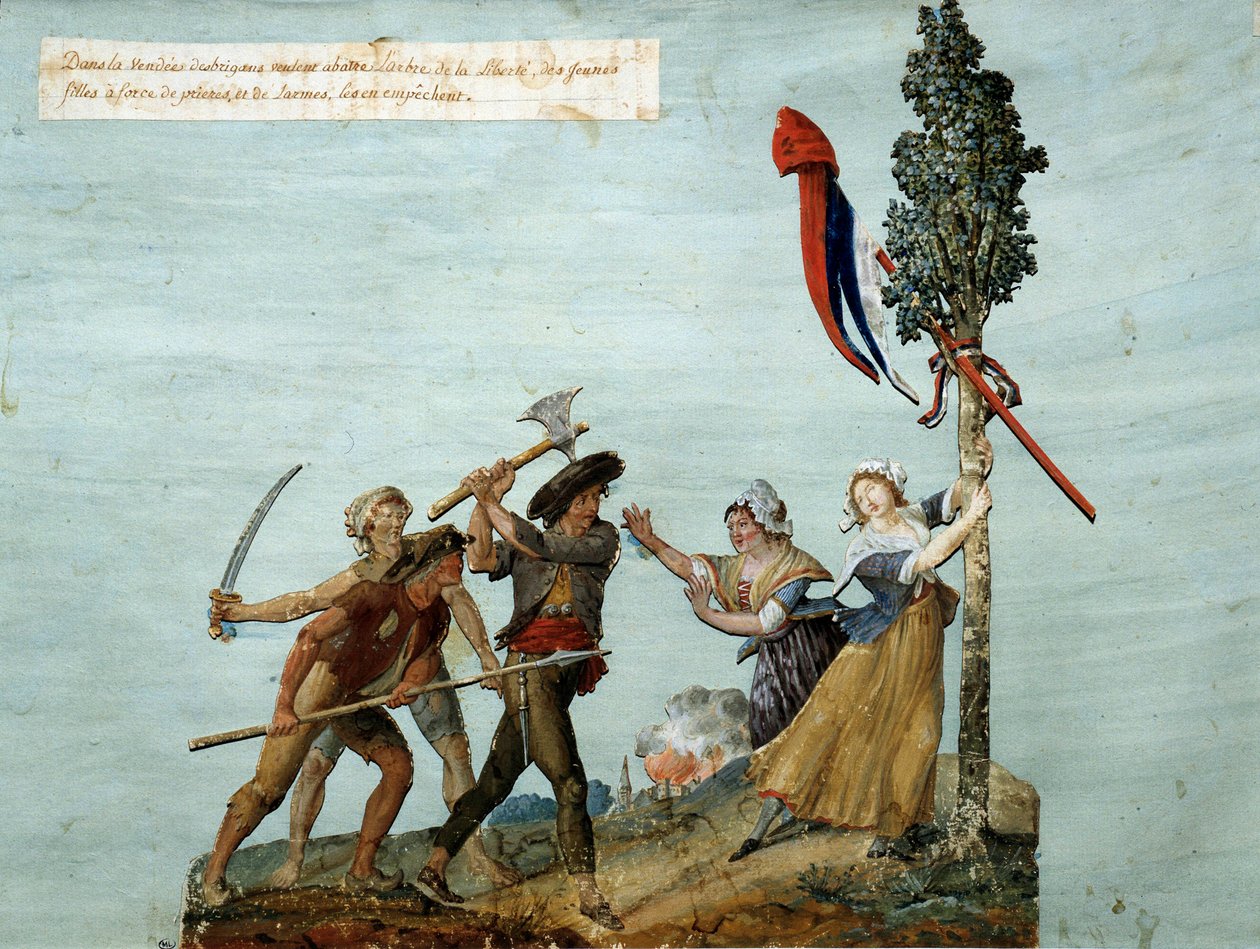 Revolução Francesa: "Os ladrões procuram abater a árvore de Liberte, jovens raparigas em lágrimas impedem-nas de o fazer." Este é um episódio das guerras de Vendee que viu inúmeras revoluções contra-revolucionárias em 1793. O Gouache dos irmãos Lesueur. 17 de Lesueur Brothers