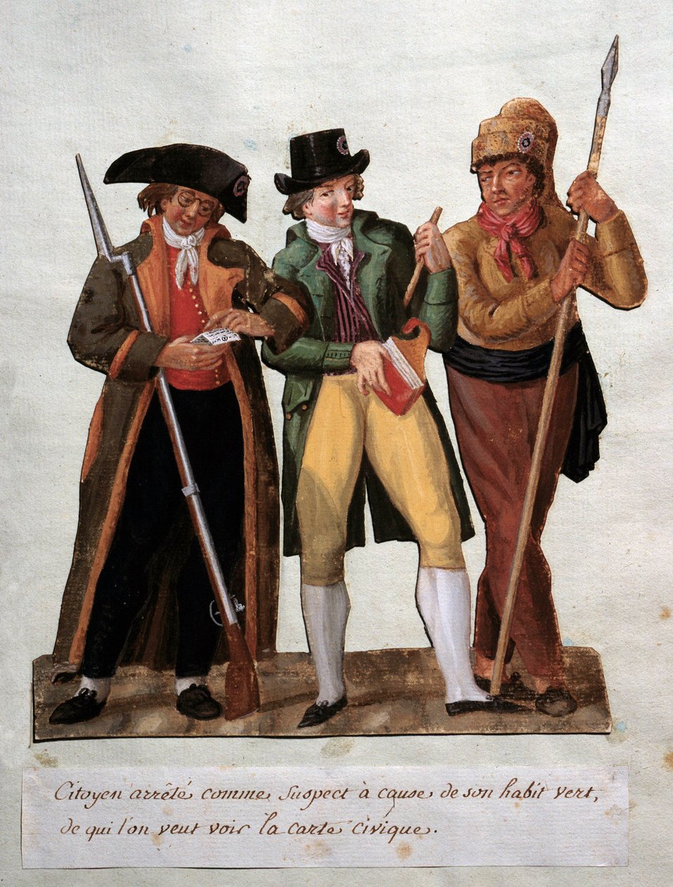 Revolução Francesa "cidadão suspeito preso devido ao seu hábito verde" Gouache des freres Lesueur (século XVIII). Musee Carnavalet, Paris de Lesueur Brothers