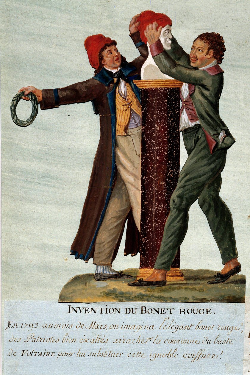 Revolução Francesa: "a invenção do boné vermelho" dois revolucionários retiram a coroa do busto de Voltaire e substituem-na por um boné frígio. Gouache des freres Lesueur (século XVIII). Musee Carnavalet, Paris de Lesueur Brothers