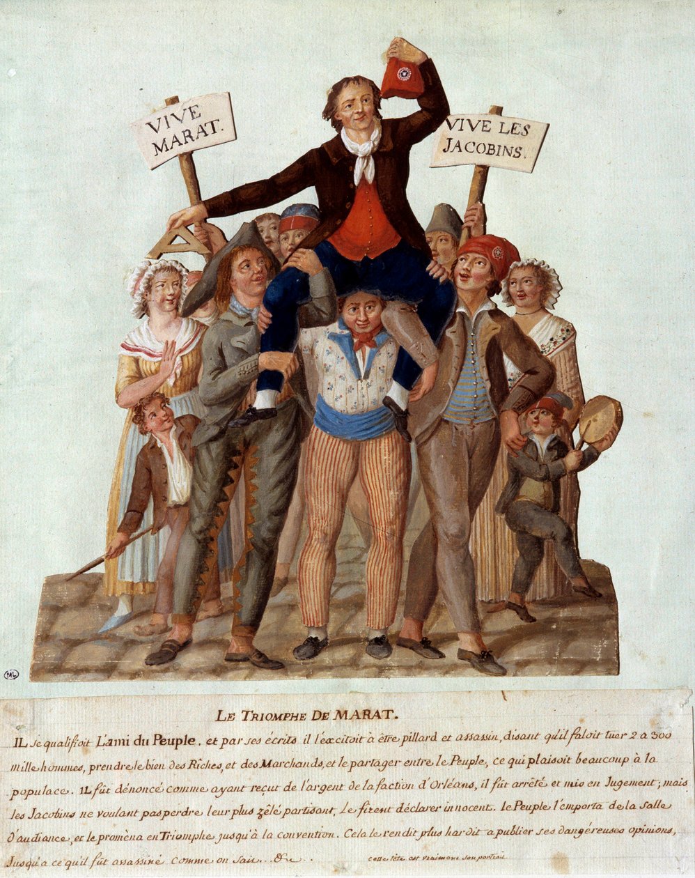 Revolução Francesa: "o triunfo de Marat" Jean-Paul (Jean Paul) Marat (1743-1793), deputado de Paris na Convenção Nacional, triunfa pelo povo por suas posições violentas contra os ricos em favor do povo. Gouache des freres Lesue de Lesueur Brothers