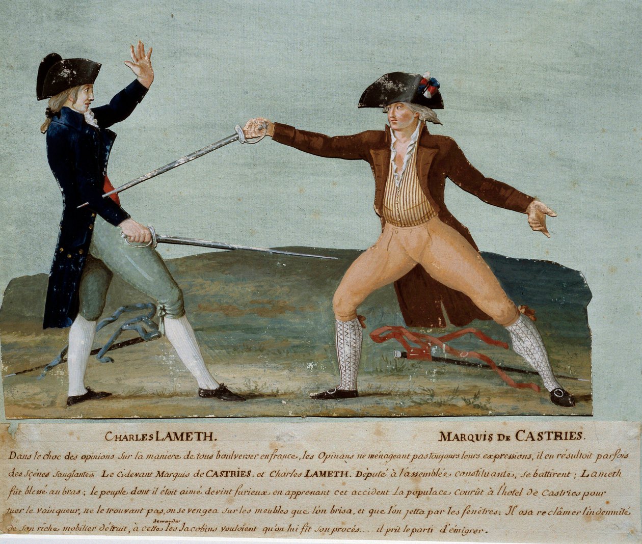 Revolução francesa: duelo entre Charles Lameth (1757-1832), deputado da Assembleia Constituinte, e o Marquês de Castries (1756-1842), deputado da nobreza, em 12 de Novembro de 1790. Este último feriu Lameth e a multidão Jacobina enfureceu o seu hotel. Goua de Lesueur Brothers