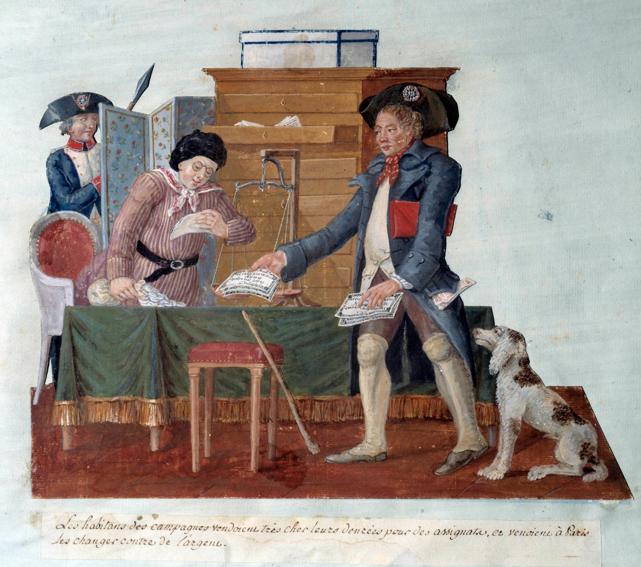 Revolução francesa: os habitantes do campo vendiam os seus alimentos para os seus designados, que depois vinham trocar por dinheiro em Paris. Gouache des Freres Lesueur (século XVIII) de Lesueur Brothers