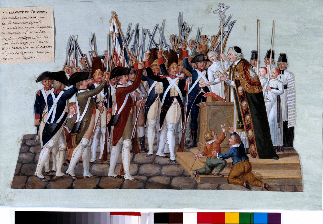 A revolução francesa: o juramento dos distritos. Após a proclamação da Constituição, o povo se reuniu nas praças públicas, as curas presidiram aos comícios. Gouache des freres Lesueur (século XVIII). 1789. Paris, Musee Carnavalet de Lesueur Brothers