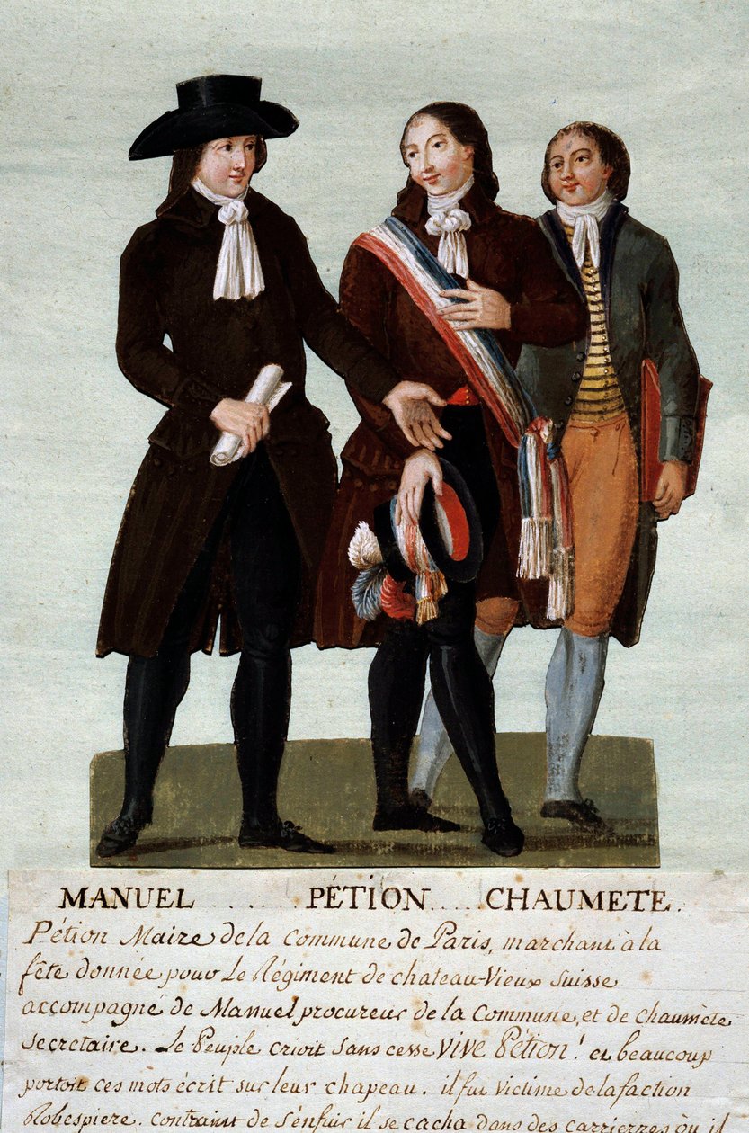 Revolução francesa: os revolucionários Jerome Petion (1756-1794), Jacques Antoine (Jacques-Antoine) Manuel (1775-1827), e Pierre-Gaspard (Pierre Gaspard) Chaumette dit Anaxagoras (1763-1794), porta-voz dos desenfreados. Gouache des freres Lesueur (18º aniv de Lesueur Brothers