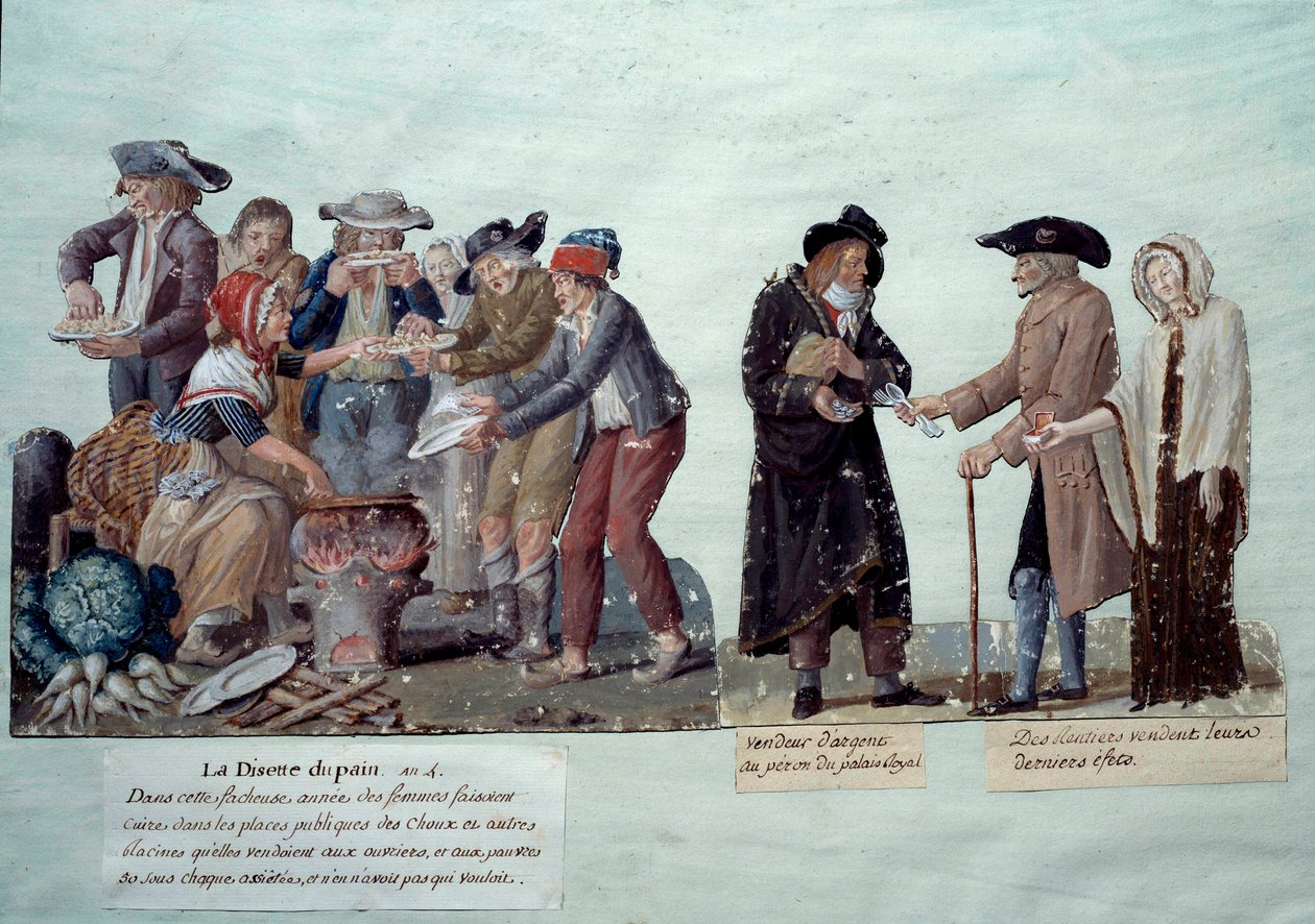 Cenas sob a Revolução Francesa: "Falta de pão, vendedor de dinheiro e anuciantes a venderem os seus bens". Gouache dos irmãos Lesueur, cerca de 1789. Musee Carnavalet, Paris. de Lesueur Brothers