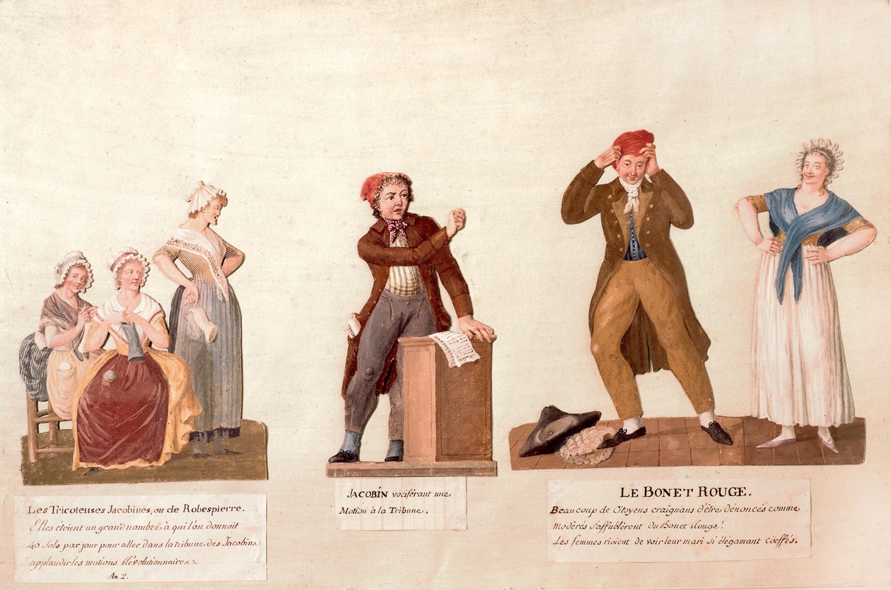 Os Jacobin Knitters, um Jacobin e o Red Bonnet (guache no papel) de Lesueur Brothers