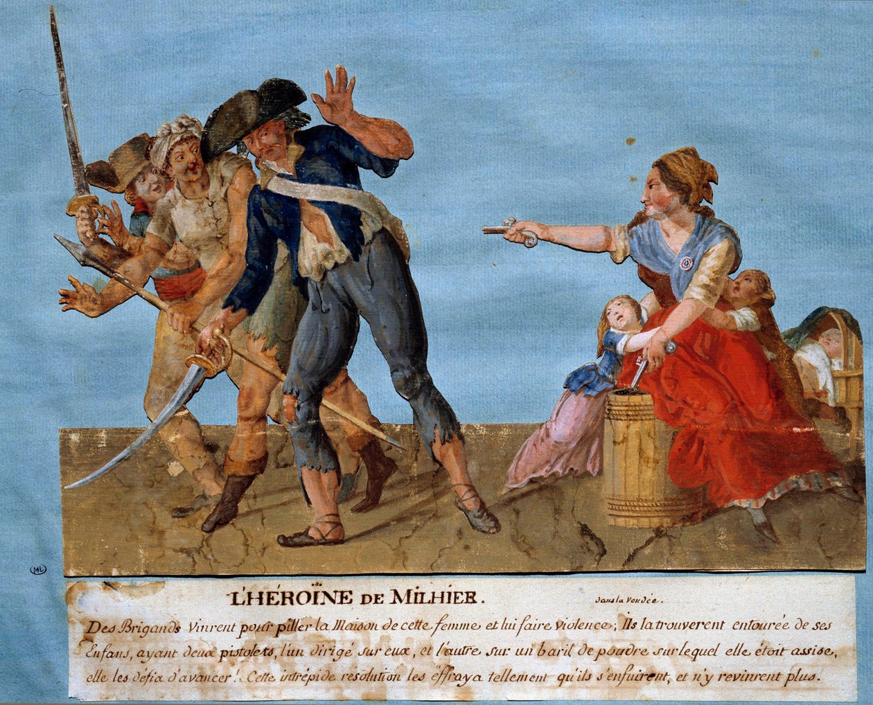 Guerra de Vendee: "A heroína de Milhier". Uma jovem ameaça dois saqueadores para explodir um barril de pó se eles ousarem seguir em frente. Gouache des freres Lesueur (século XVIII) Musee Carnavalet, Paris de Lesueur Brothers