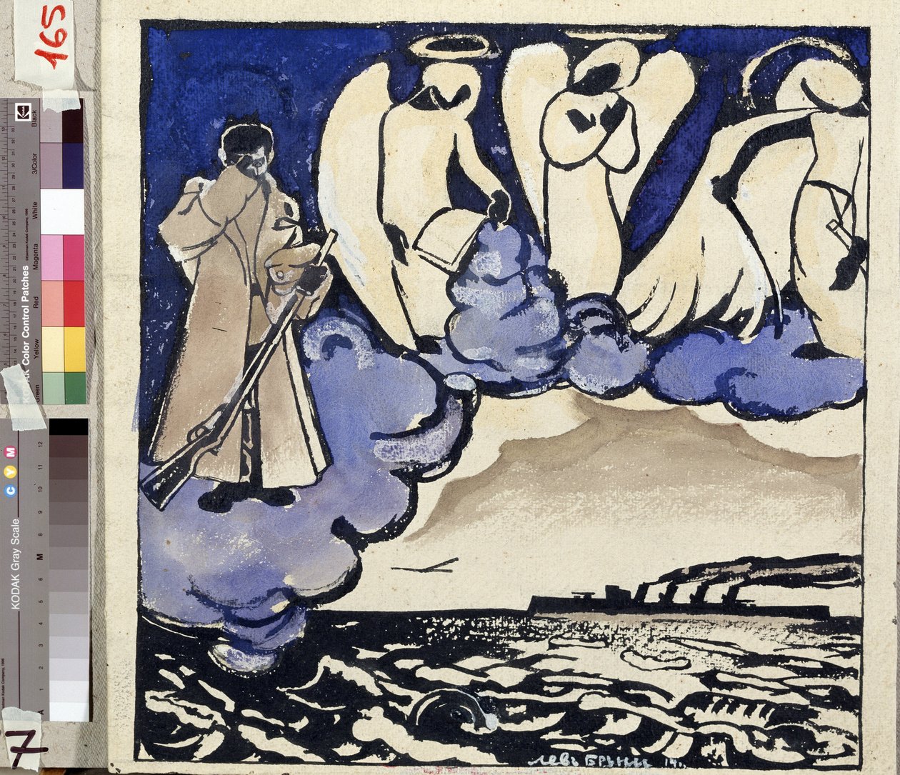 "Guerra". Rússia. 1914" Alegoria da Primeira Guerra Mundial. Um soldado e anjos. Caneta e guache de Lev Bruni (1894-1948) 1914 Museu Estatal de História, Arquitectura e Arte, Rybinsk, Rússia de Lev Aleksandrovitc Bruni