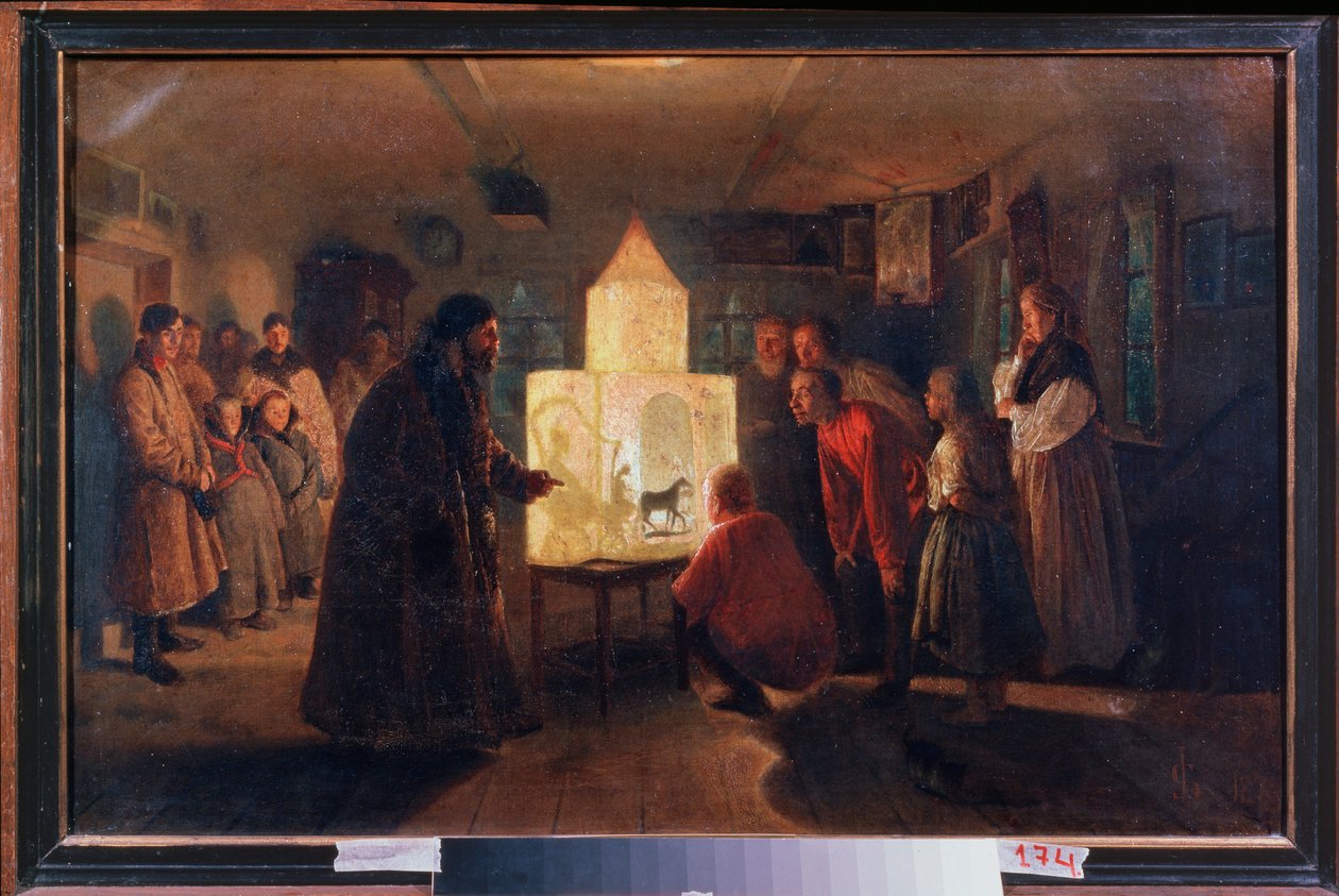 A lanterna mágica em uma casa de camponês - pintura de Lev Grigorievich Solovyev (1837-1919), óleo sobre tela de Lev Grigoryevich Solovyev