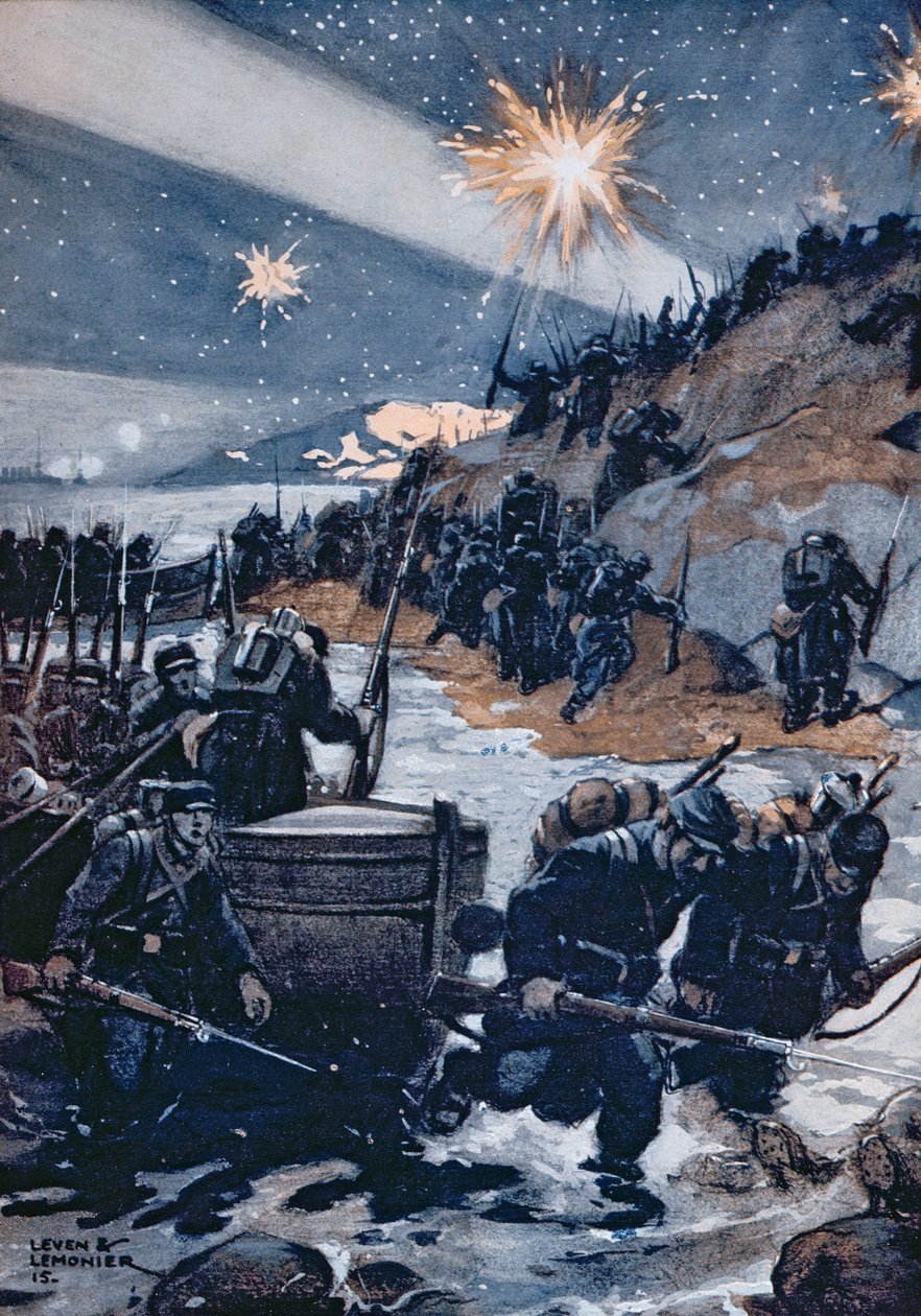Noite de desembarque no Dardanelos, ilustração de &39;Les Pays de France&39;, 1915 de Leven and Lemonier