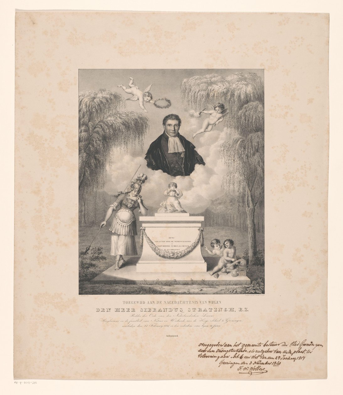 Retrato de Sibrandus Stratingh Dedicado à memória do falecido Sr. Sibrandus Stratingh, E.Z. (título no objeto) de Levi Michiel Bendix