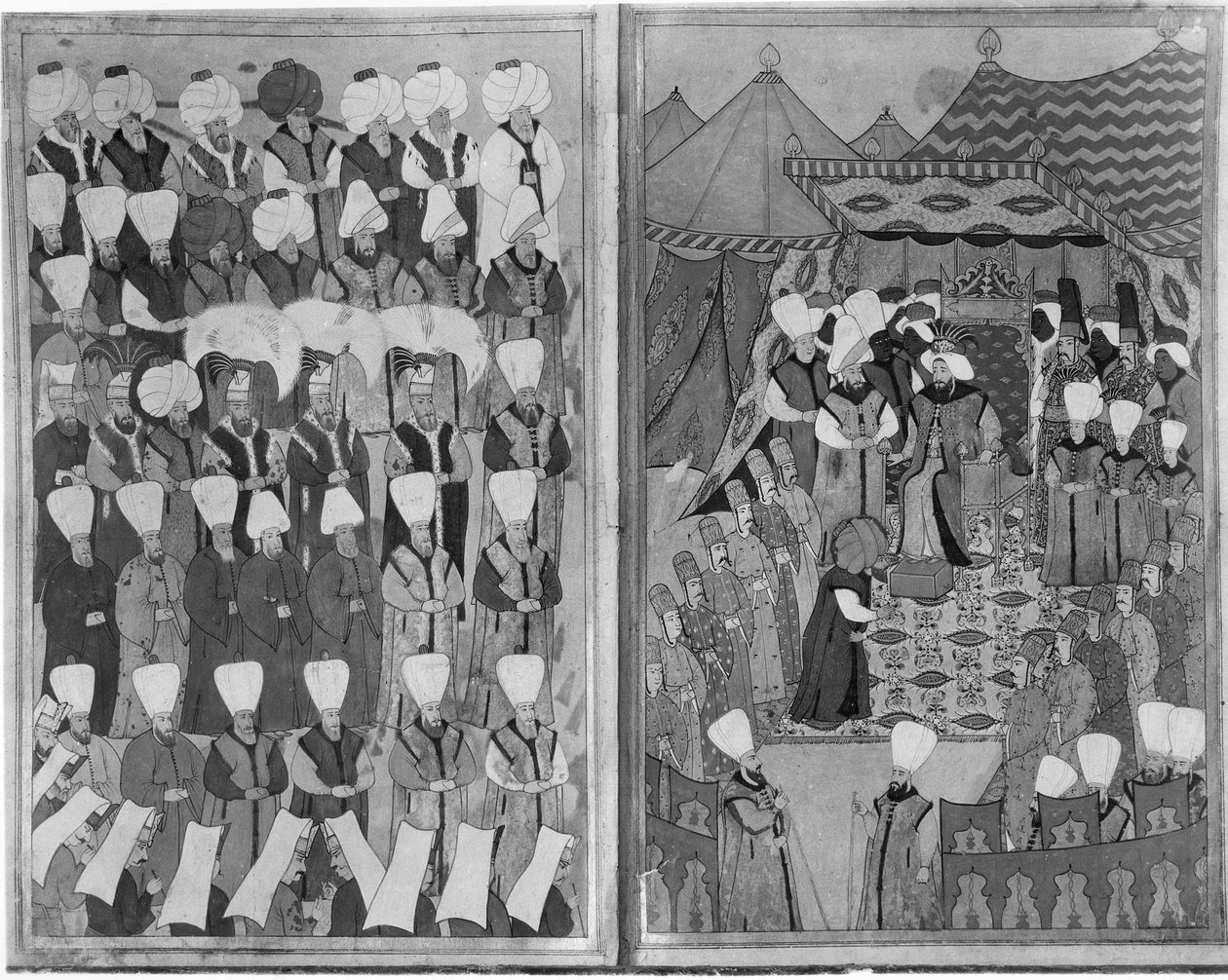 Sultão Ahmed III Distribuindo Dinheiro em frente ao Quiosque de Bagdá durante as Cerimônias de Circuncisão, do &39;Livre de Rejouissances&39; de Vehbi, c.1720 de Levni