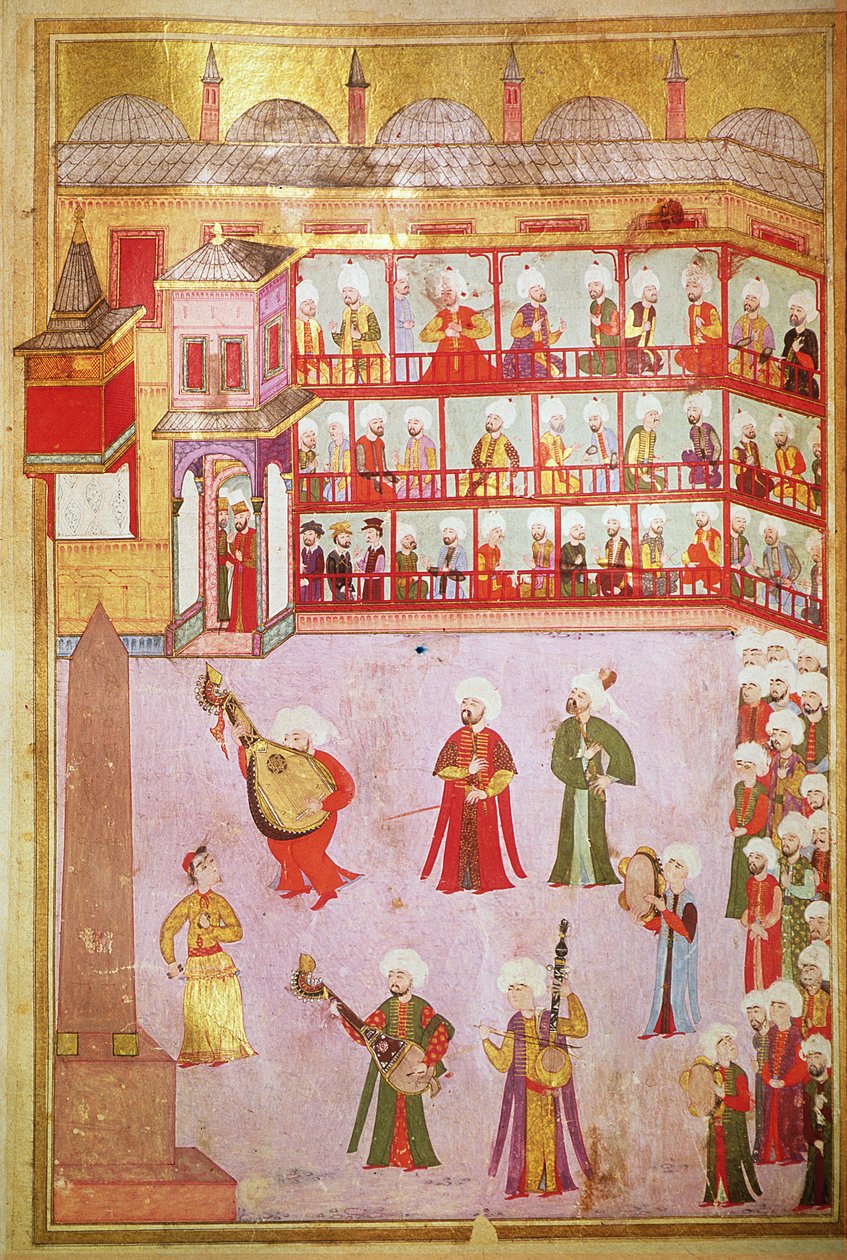 TSM H.1344 Bailarino e músicos tocando no festival, 1582-83 de Levni