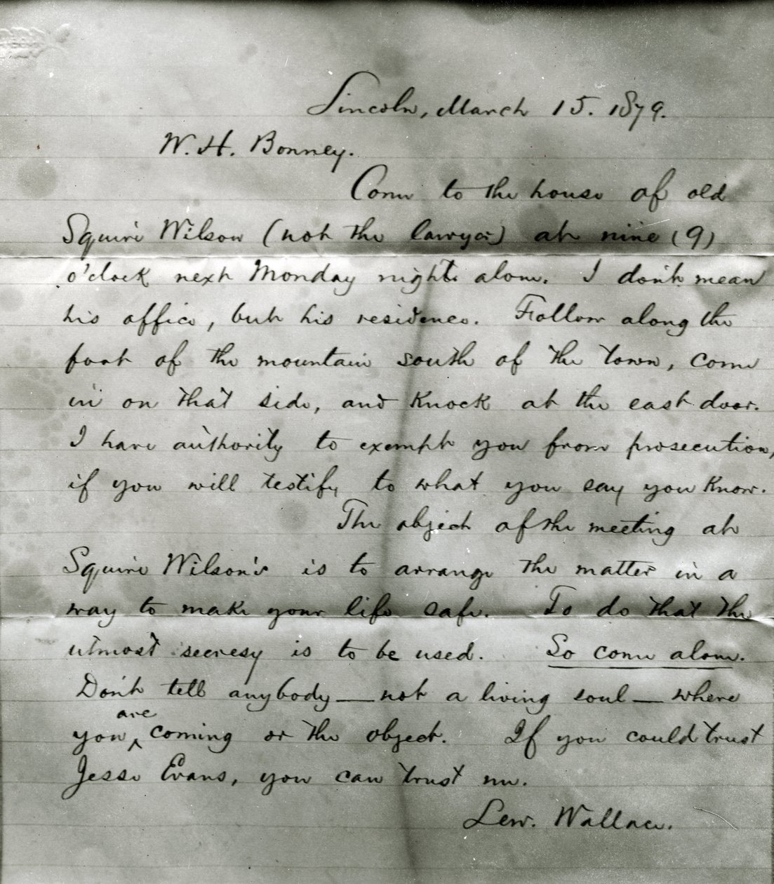 Carta de Lew Wallace para WH Bonney (1860-81) 15 de março de 1879 de Lew Wallace