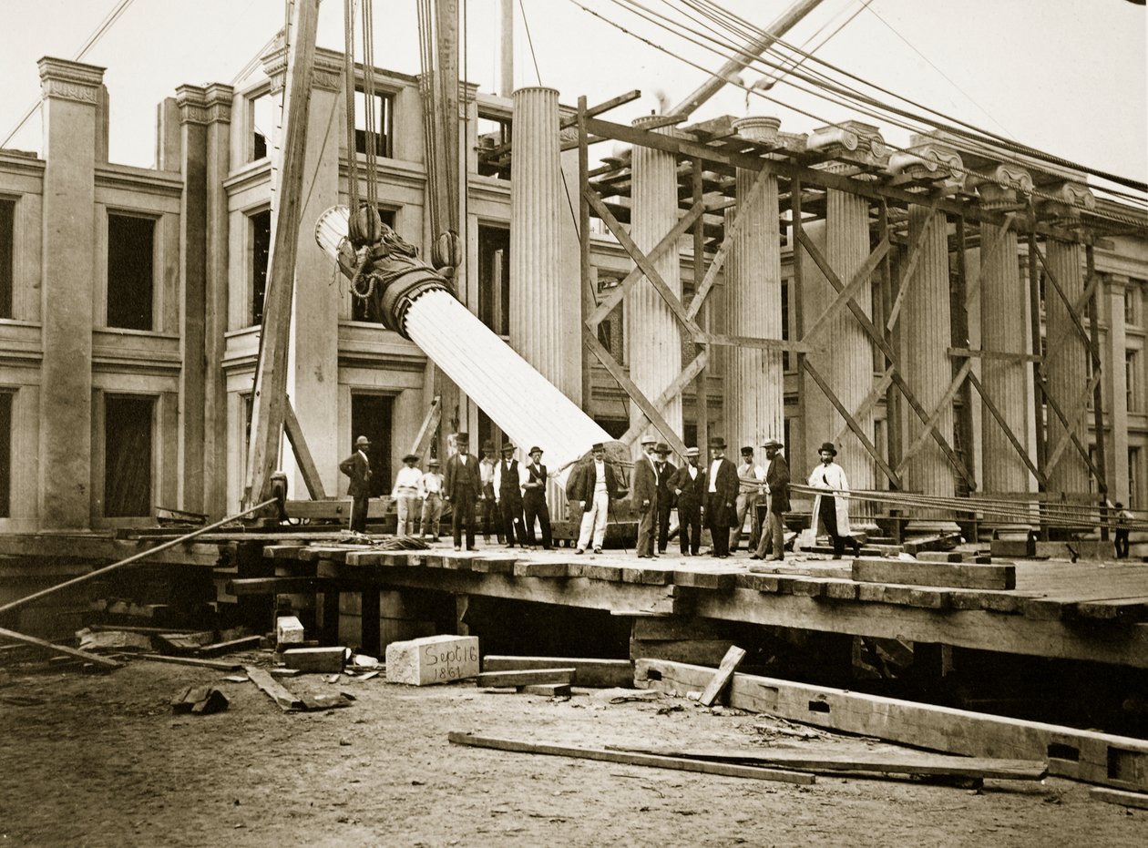 Construção da Ala Sul, Departamento do Tesouro, Washington, DC, 1861 (foto bw) de Lewis Emory Walker