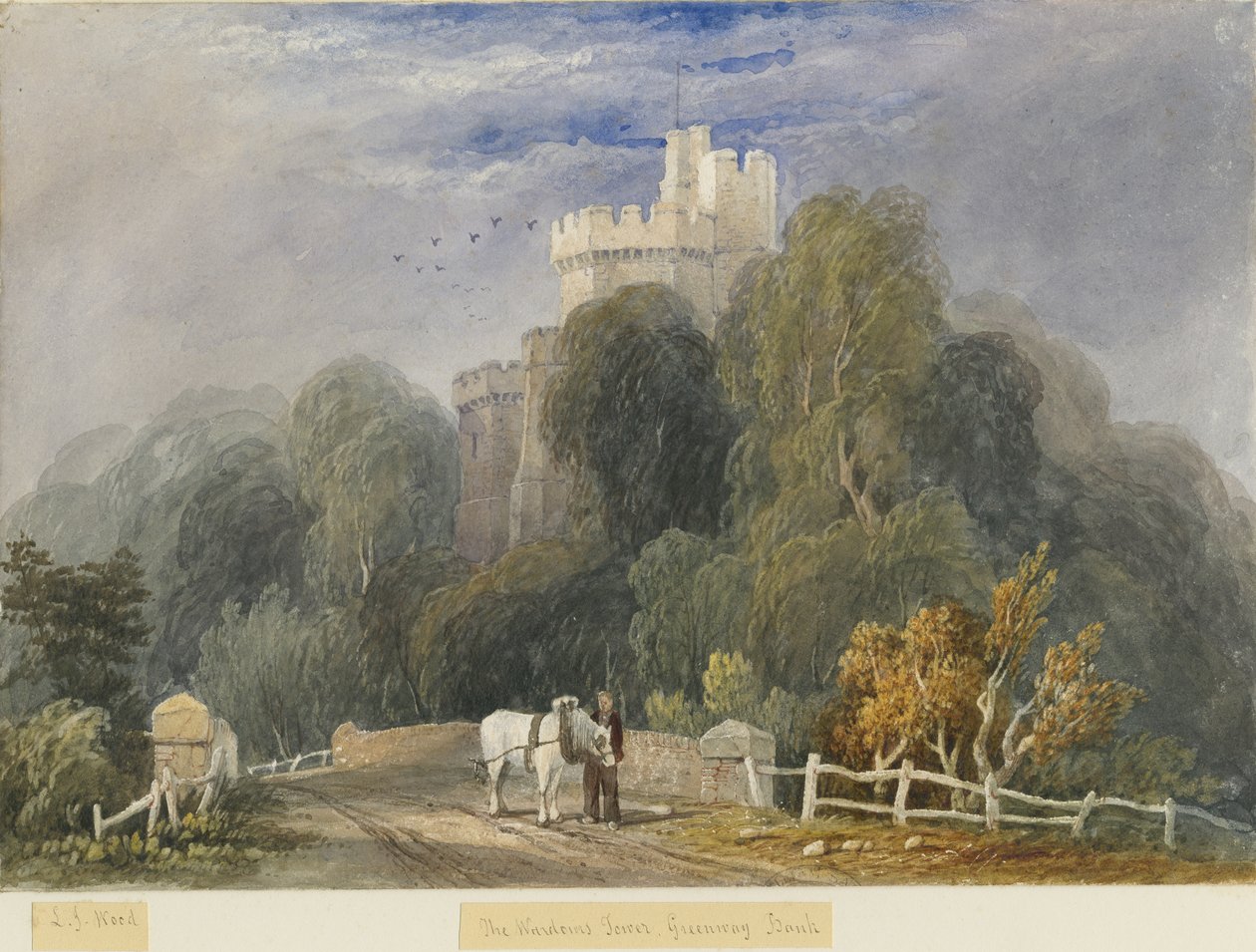 Greenway Bank - The &39;Warder&39;s Tower&39;: pintura em aquarela, sd [c1830-1840] (pintura) de Lewis John Wood