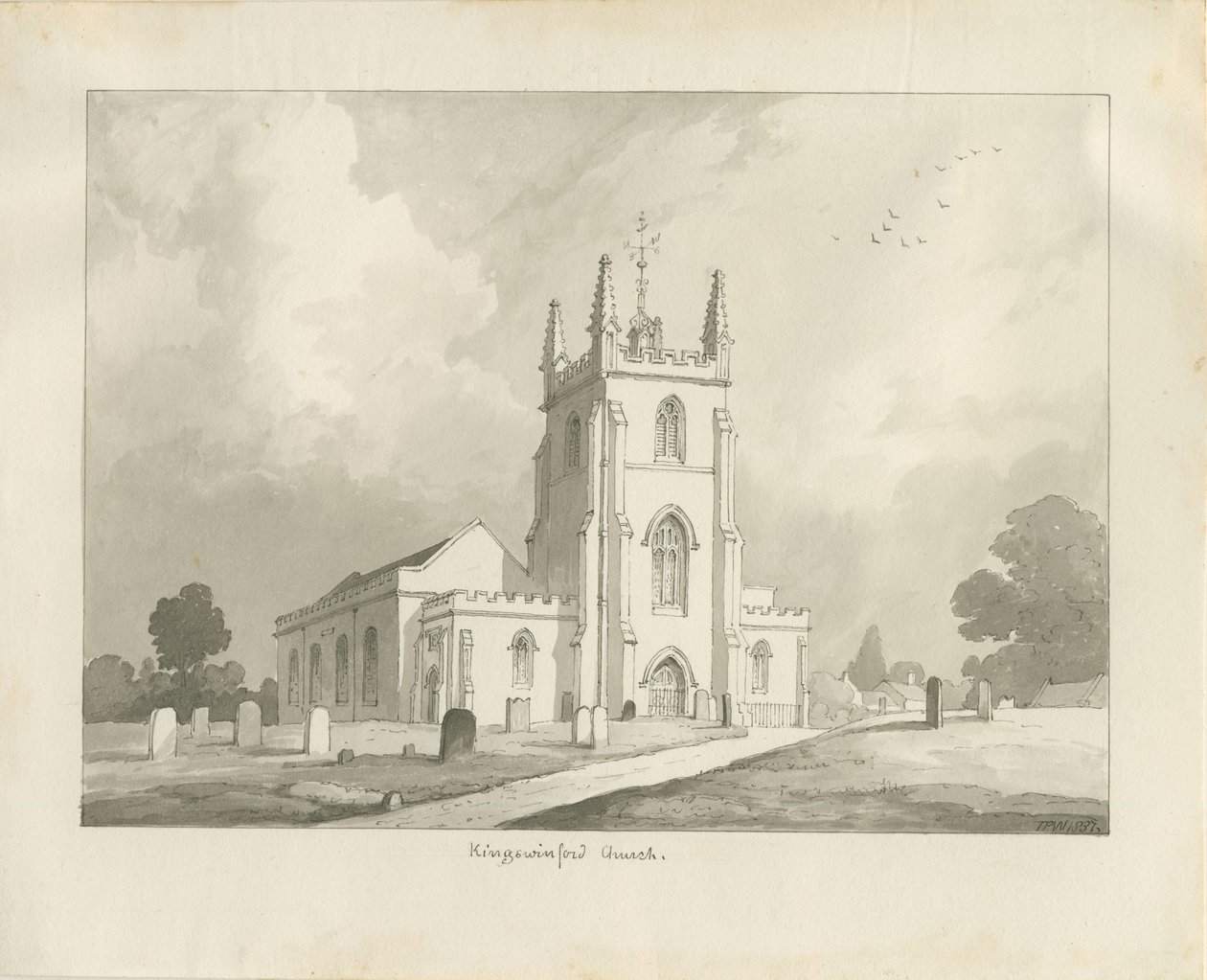 Igreja de Kingswinford: desenho em sépia, 1837 de Lewis John Wood
