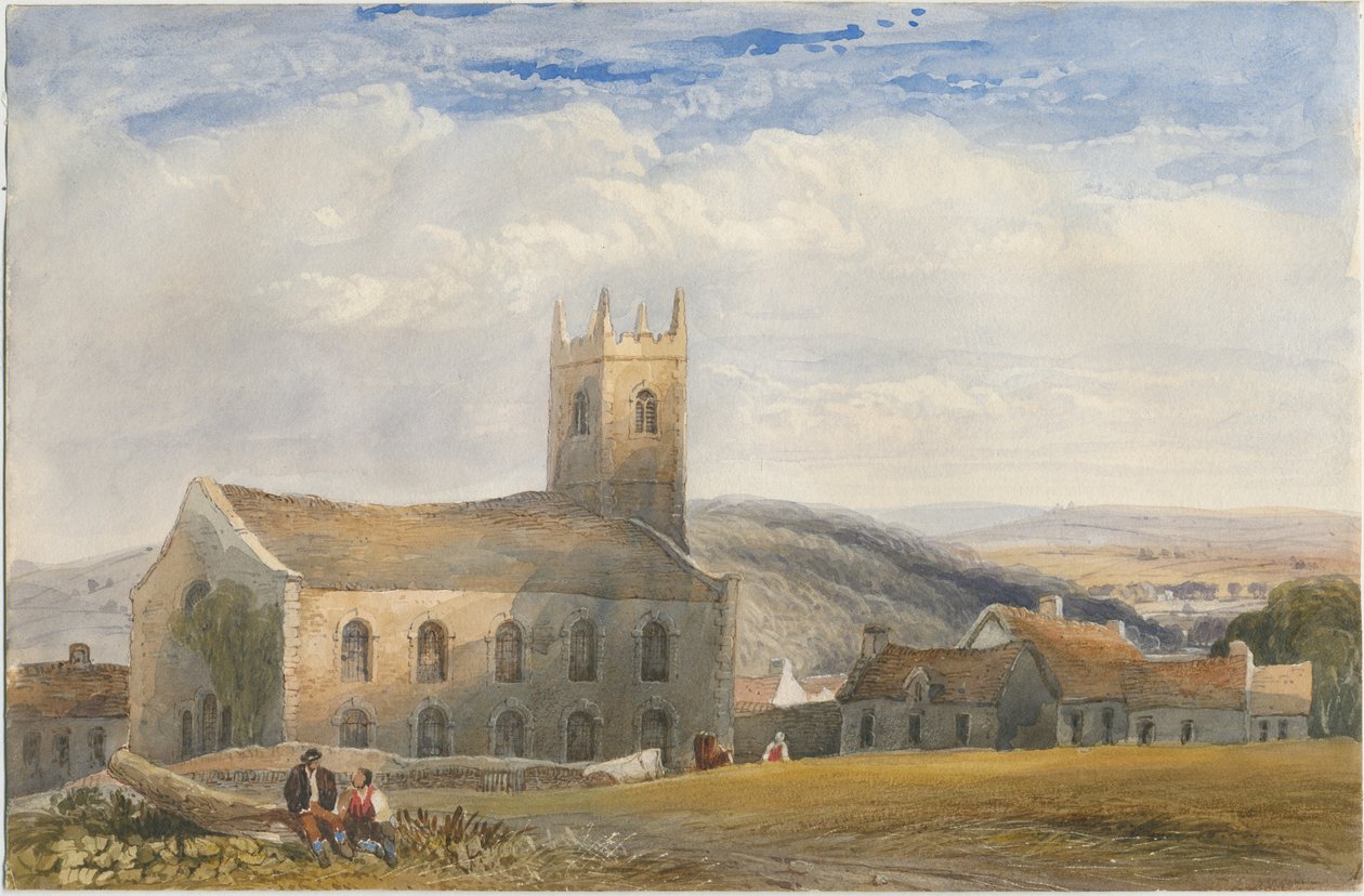 Igreja de Longnor - "St. Giles" [St Batholomew "s: pintura em aquarela, nd [c1830-1840] de Lewis John Wood