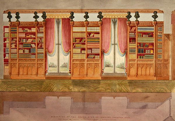 Elevação da biblioteca do lado sul, Snelston Hall, Derbyshire (caneta, lápis, tinta e aquarela sobre papel) de Lewis Nockalls Cottingham