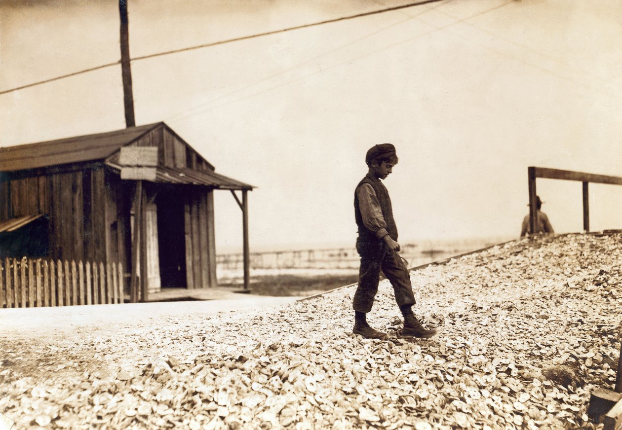 Um dos jovens shuckers de ostras, Pass Christian, Mississippi, fevereiro de 1911 (foto sépia) de Lewis Wickes Hine