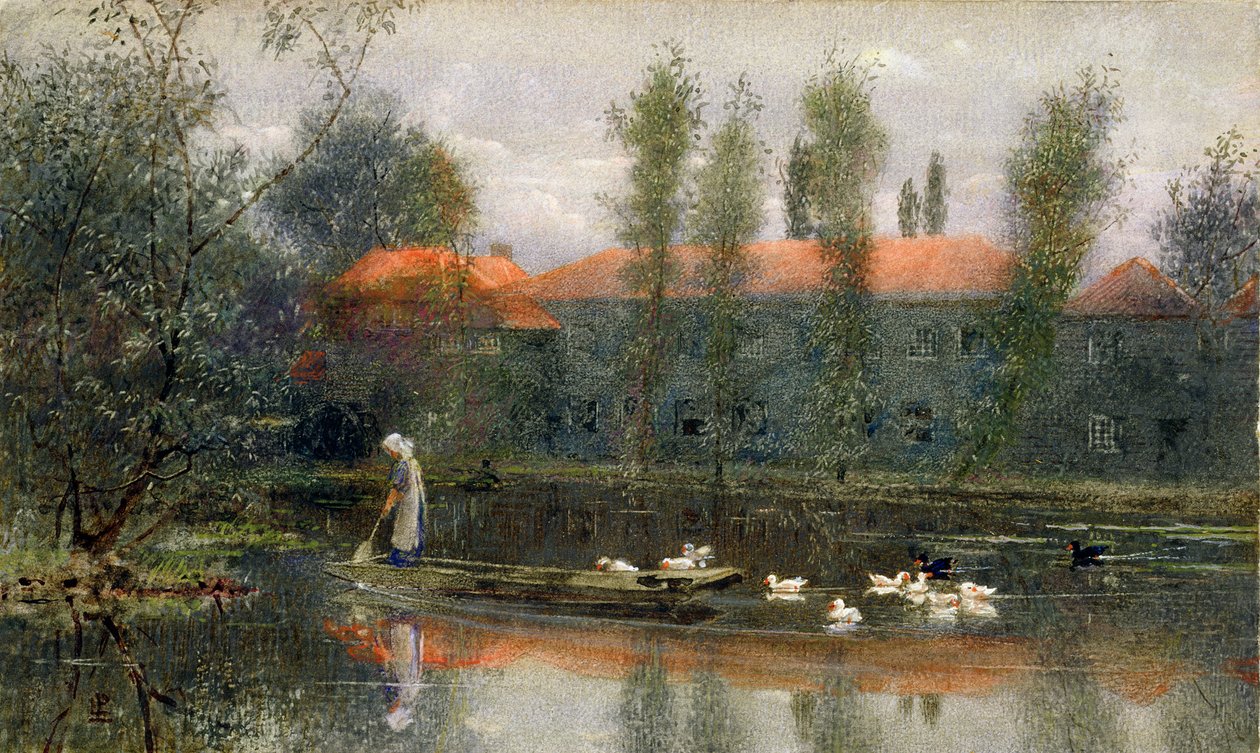 A Lagoa de William Morris trabalha na Merton Abbey (wc e guache sobre papel) de Lexden L. Pocock
