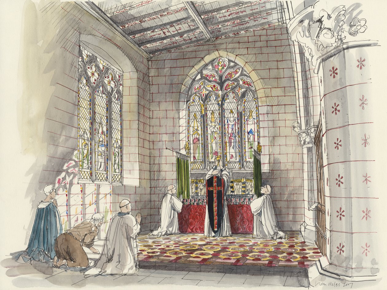 Sacerdote no altar da Igreja de São Pedro, Barton-upon-Humber, Lincolnshire (aguarela sobre papel) de Liam Wales