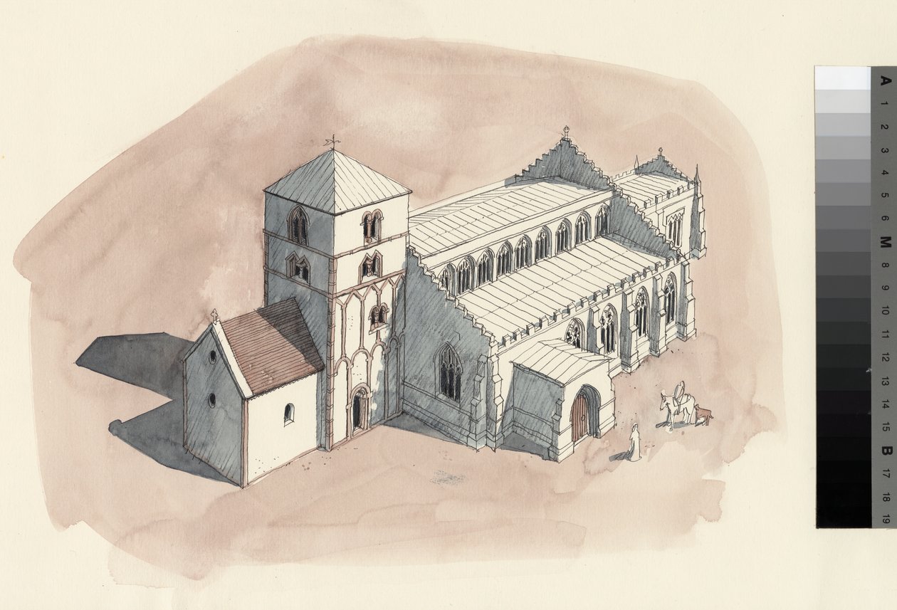 Desenho de reconstrução da igreja de S. Pedro no século XVIII (aguarela sobre papel) de Liam Wales