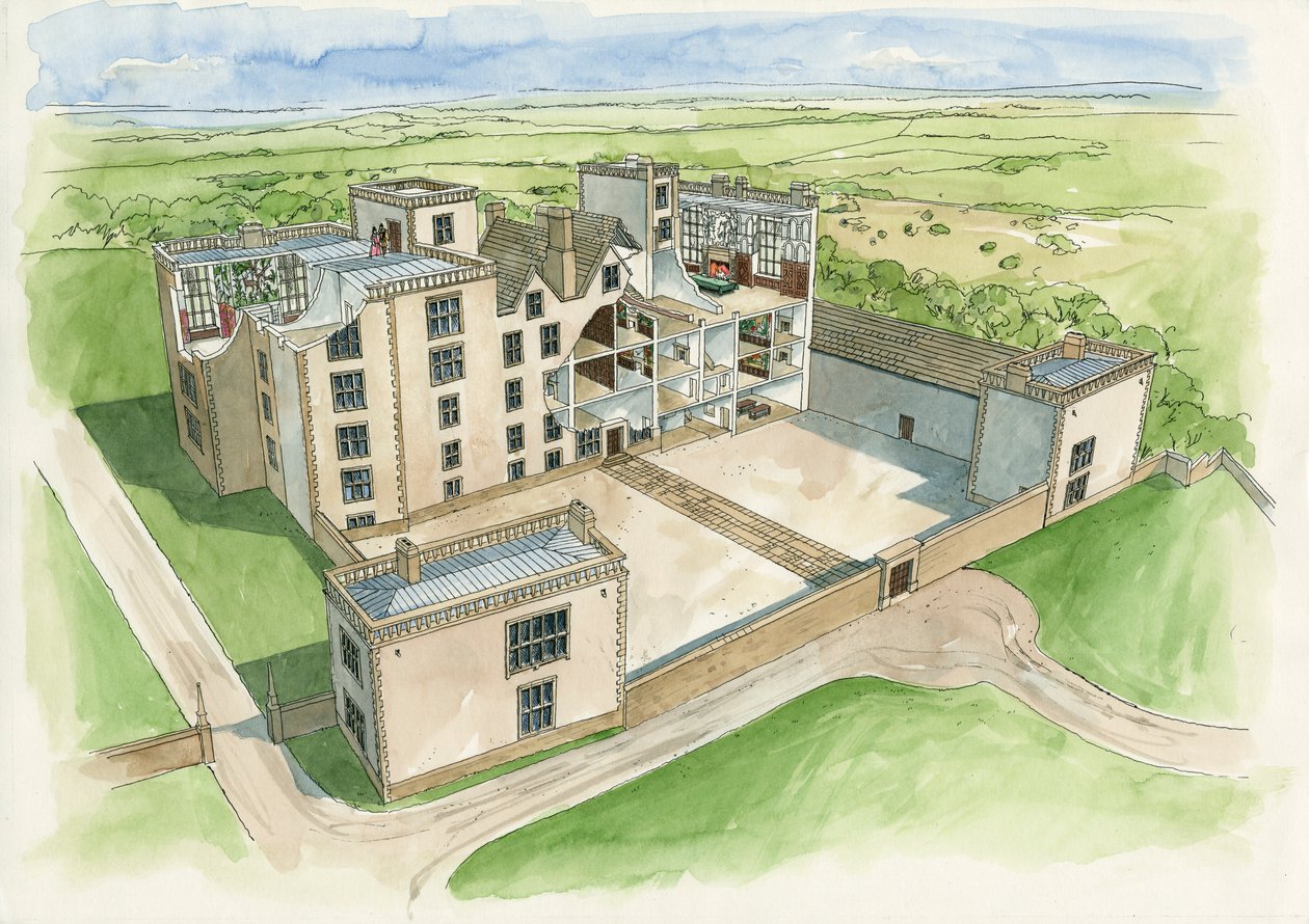 Reconstrução de Hardwick Old Hall em 1620 (aguarela sobre papel) de Liam Wales