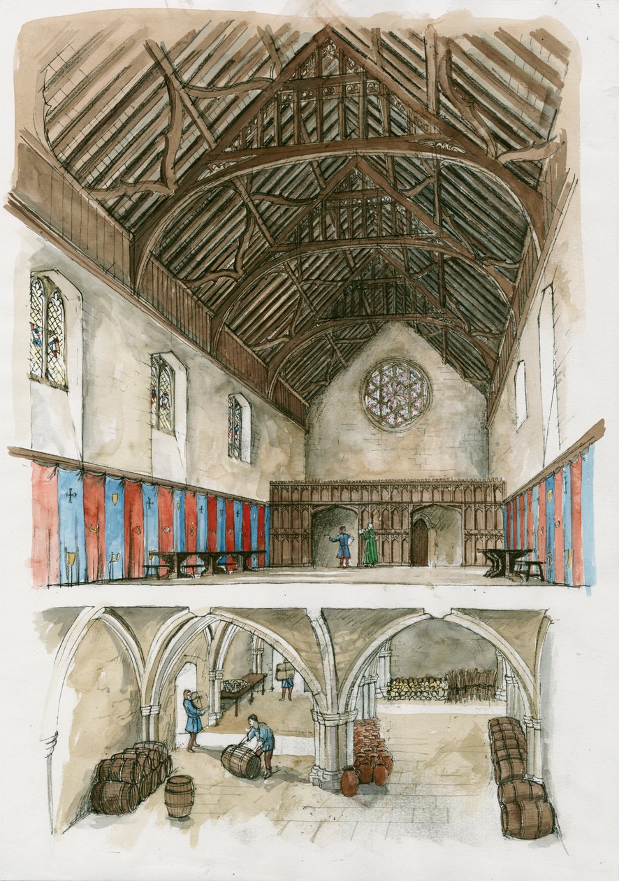 Reconstrução do Palácio de Winchester da época medieval (aguarela sobre papel) de Liam Wales