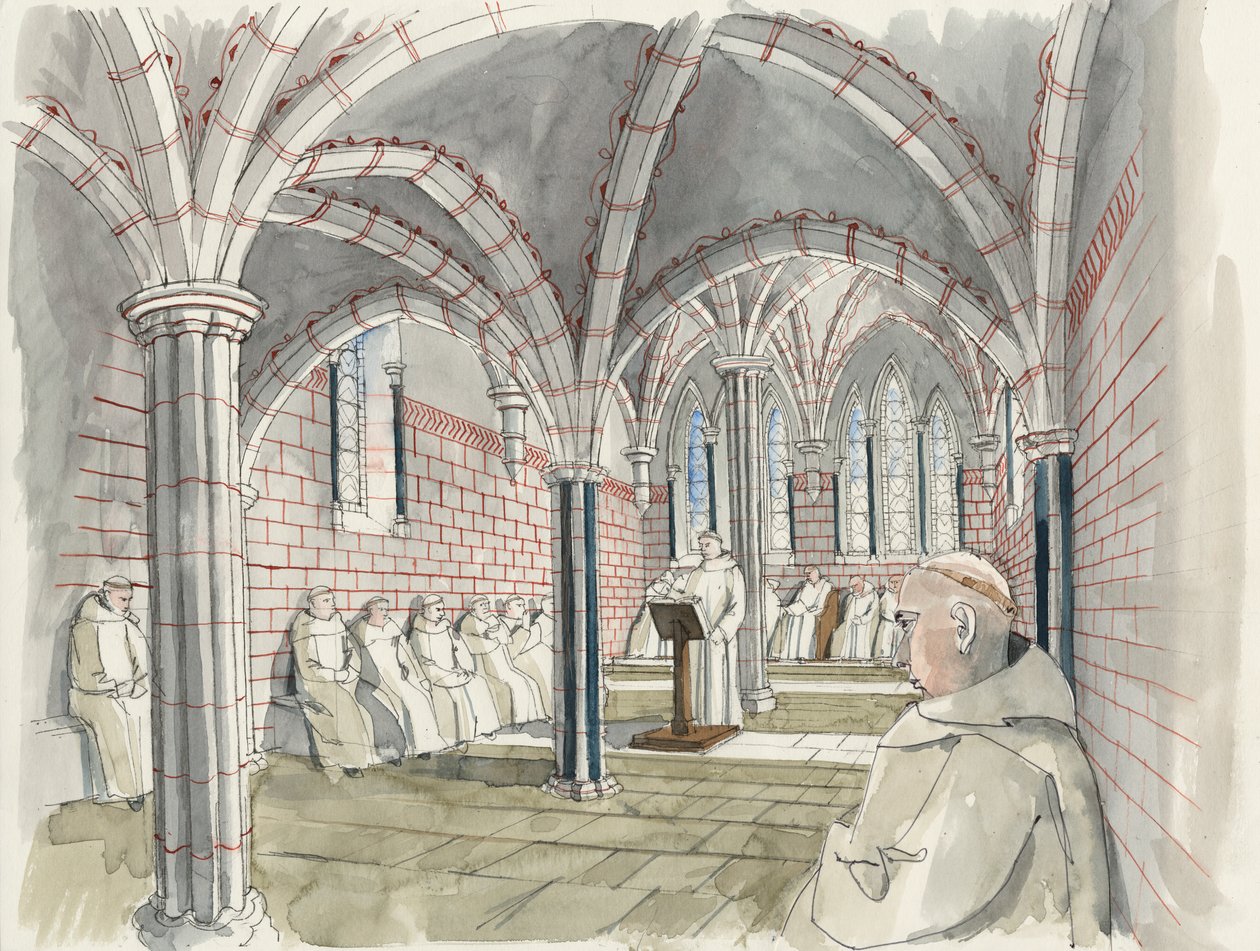 Reconstrução da casa capitular da abadia de Shap, c.1530 (aguarela sobre papel) de Liam Wales