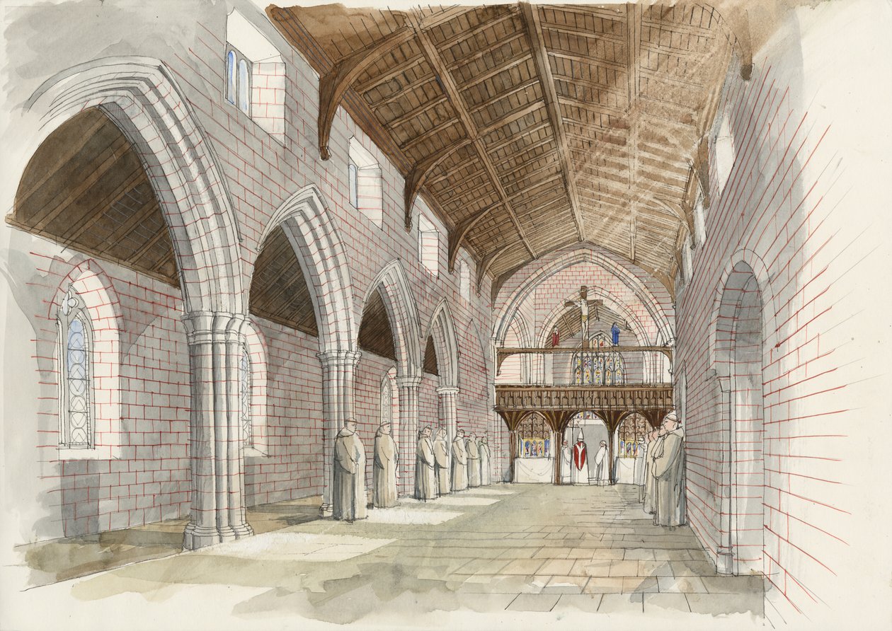 Reconstrução da nave da igreja da abadia de Shap Abbey c.1530 (aguarela sobre papel) de Liam Wales