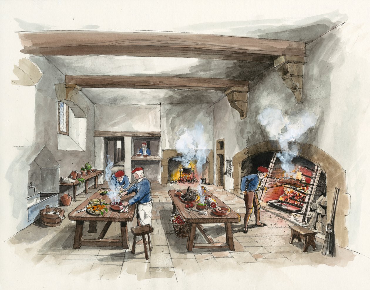 Reconstrução da cozinha em Hardwick Old Hall em 1601 (aguarela sobre papel) de Liam Wales